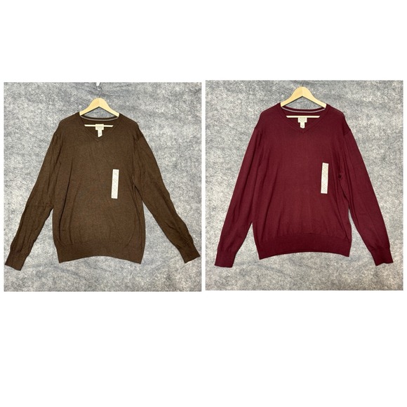 St Johns Bay Sweater LOT x 2 Mens L Brown Red Pullover V Neck Cotton $40 NEW - Picture 1 of 15